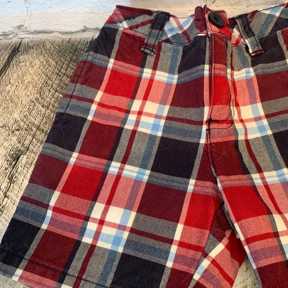 JANIE AND JACK Boy’s NWOT Red/White/Blue Plaid Chino Shorts / Size: 6-12 Months